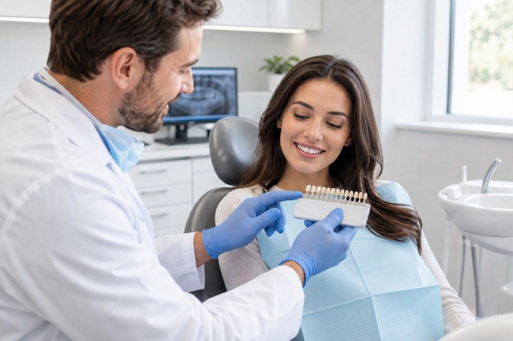 In-office teeth whitening consultation and shade guide at 313 Dental