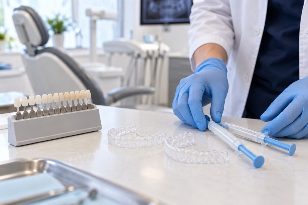 Take-home whitening trays and shade guide at 313 Dental