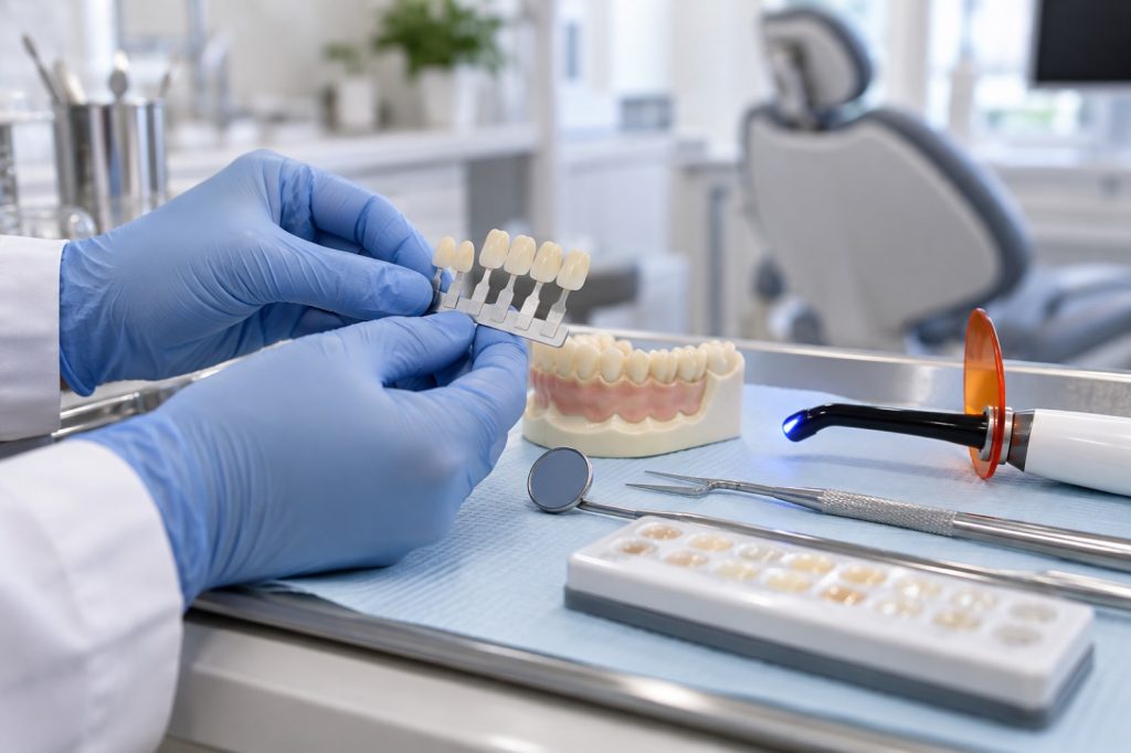Composite filling shade selection and curing light at 313 Dental